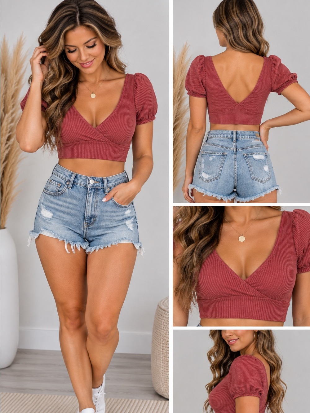 Womenโs Small Dusty Rose Ribbed Puff Sleeve Wrap Crop Top NWOT
